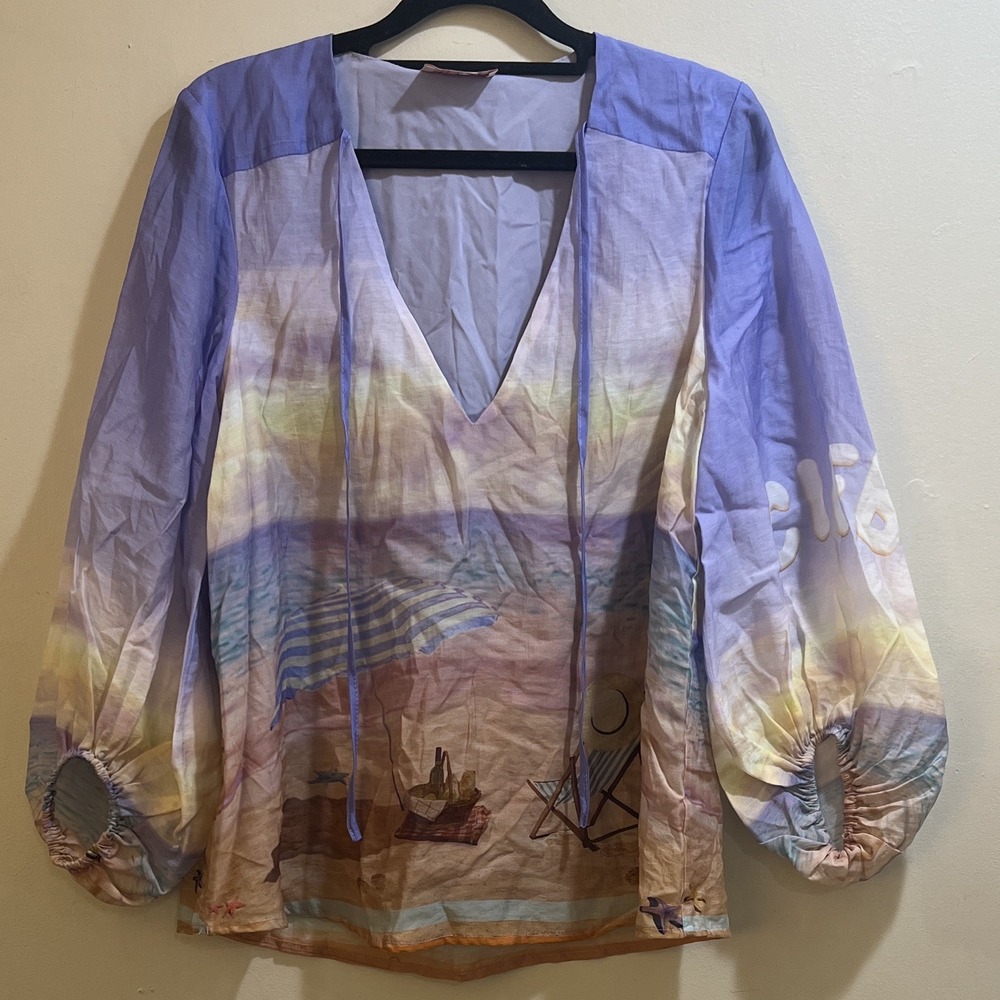 Ciebon Women's Popover Blouse Beachy Print Size S 3/4 Bell Sleeve V Neck Boho